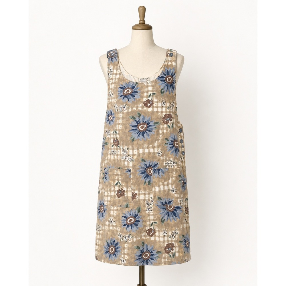 Stampede Sunflower Jumper Dress Womens Large Tan Floral Gingham Vtg 90s USA